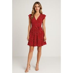 Monteau Mini Dress Womens S Red Floral Tiered Feminine Boho Fit N Flare Short